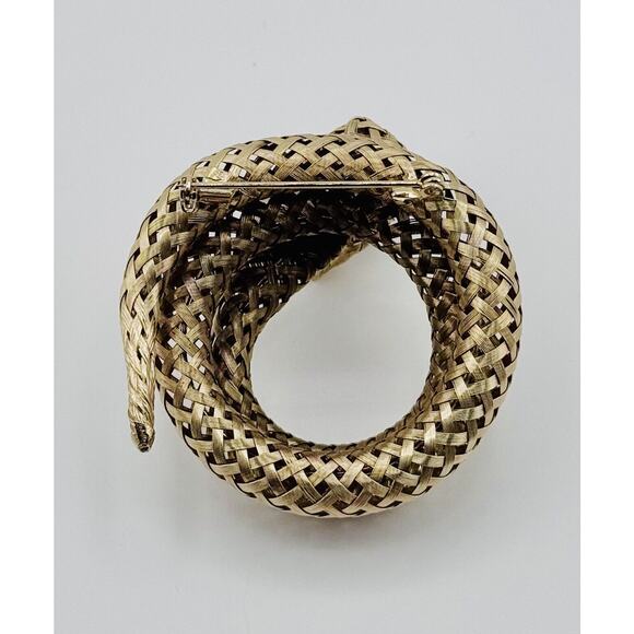 Vintage Coiled Woven Mesh Snake Brooch Pin Rhinestone Eyes - Picture 7 of 10